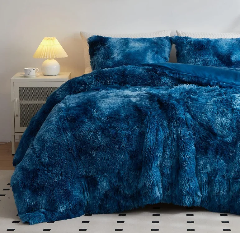 Faux Fur Plush Tie Dye Teal Comforter Set Fluffy Fuzzy Shaggy Bedding Set — product image 7