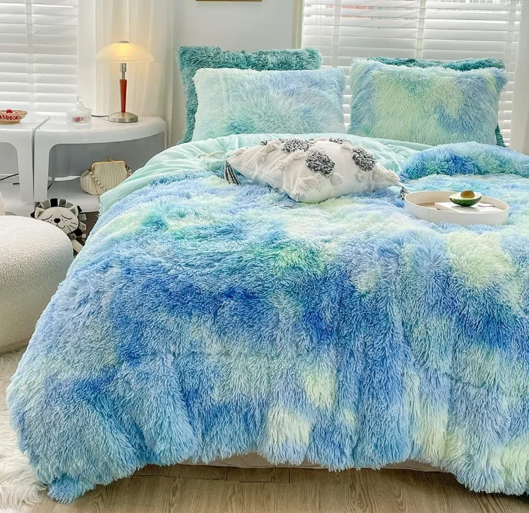 Faux Fur Plush Tie Dye Teal Comforter Set Fluffy Fuzzy Shaggy Bedding Set — product image 8
