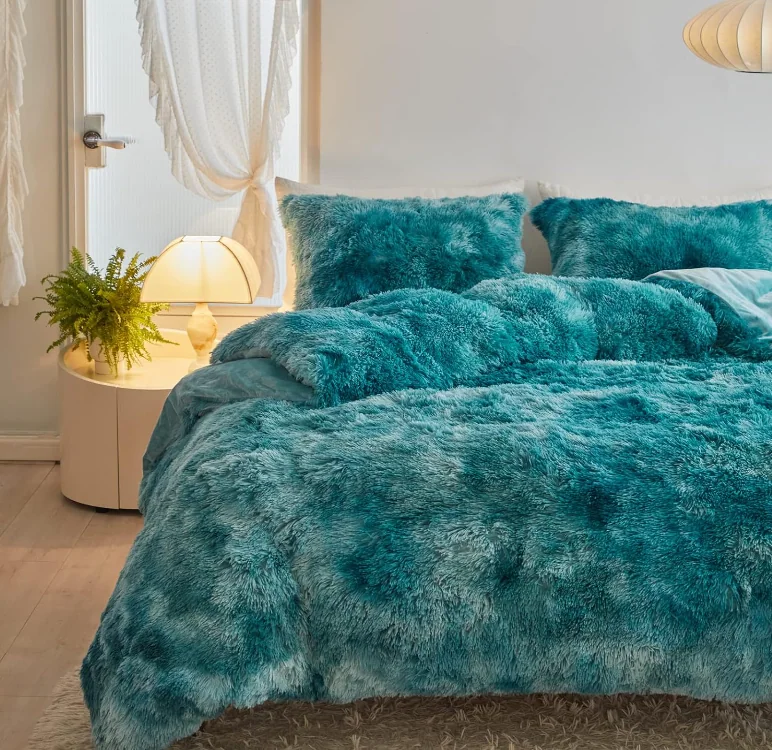 Faux Fur Plush Tie Dye Teal Comforter Set Fluffy Fuzzy Shaggy Bedding Set — product image 3