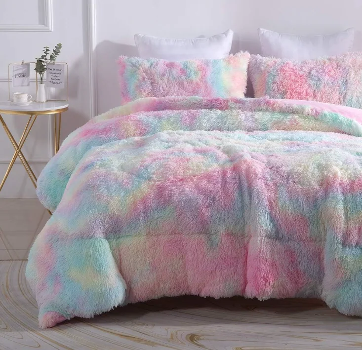 Faux Fur Plush Tie Dye Teal Comforter Set Fluffy Fuzzy Shaggy Bedding Set — product image 9