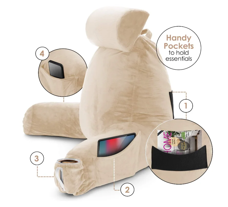 Reading Pillow, Large Back Pillow for Sitting Up in Bed, Memory Foam Back Support Pillow, Reading Pillows for Sitting in Bed, Sit Up Pillow for Bed with Arms and Pockets — product image 6
