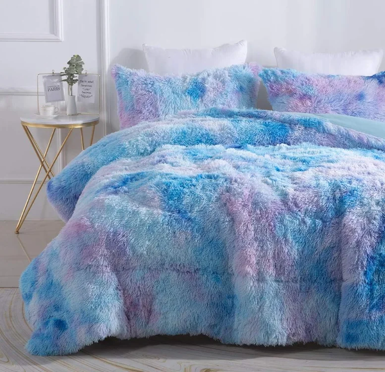 Faux Fur Plush Tie Dye Teal Comforter Set Fluffy Fuzzy Shaggy Bedding Set — product image 11
